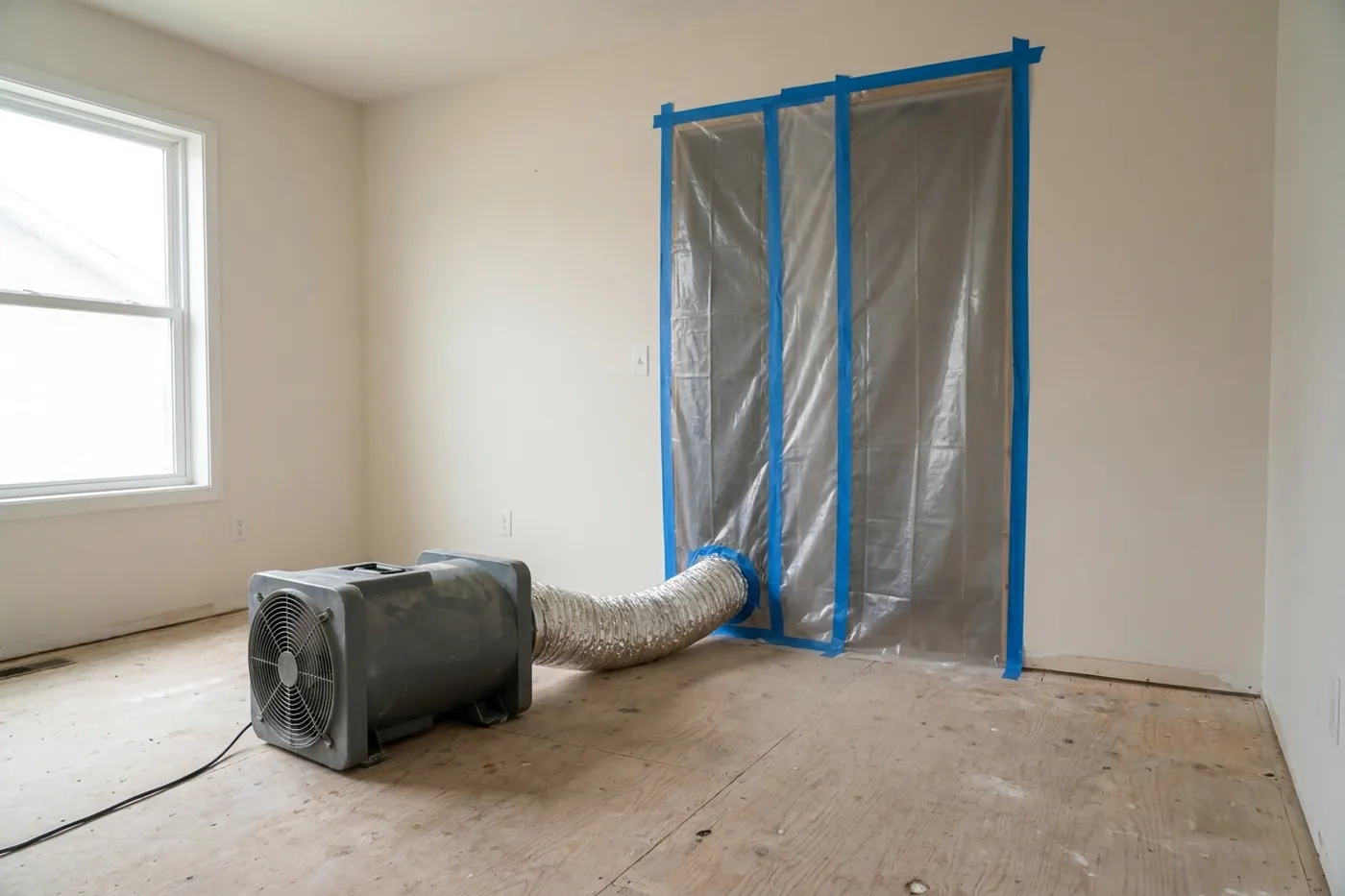 Negative air machine and containment sheeting set up for mold remediation in a Tallahassee home