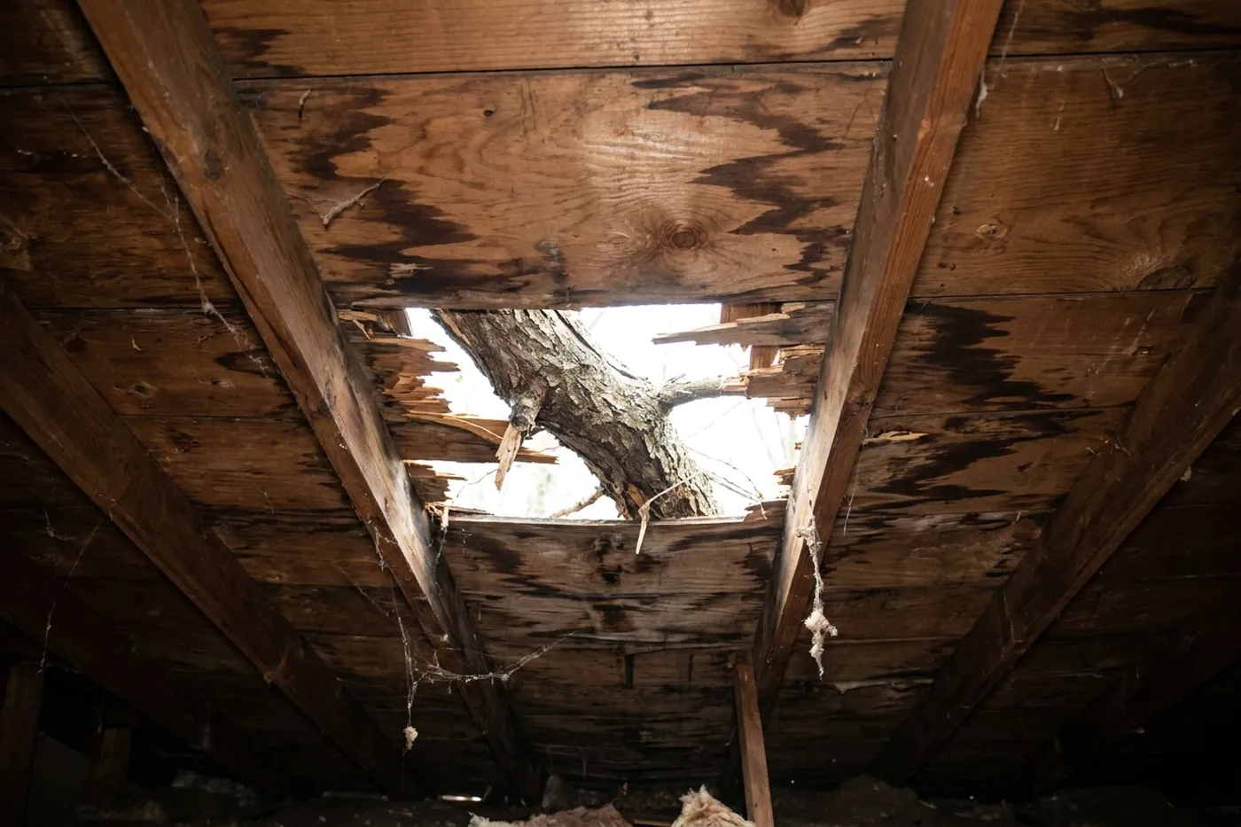 Storm-damaged roof decking opened from inside an attic during mold remediation